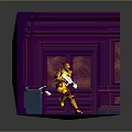 Yellow Armored Character In Purple Room With Sofa Red Carpet And Window