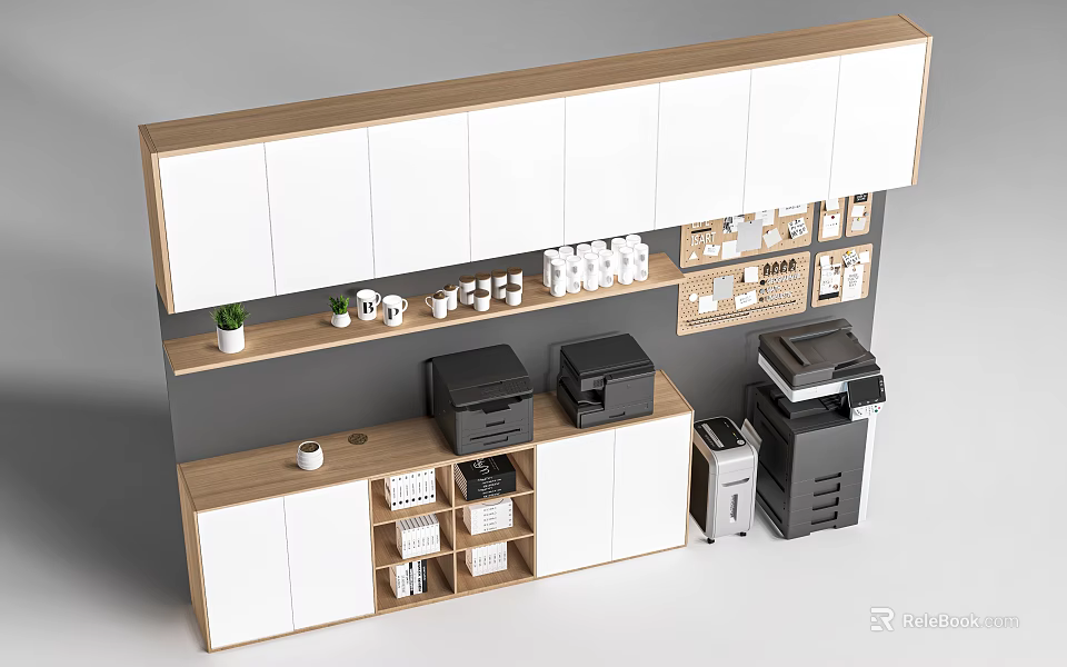 Wooden And White Storage Cabinet With Multiple Compartments For Office Supplies Printers Cups And Plants 3d model 