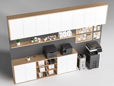 Wooden And White Storage Cabinet With Multiple Compartments For Office Supplies Printers Cups And Plants 3d model