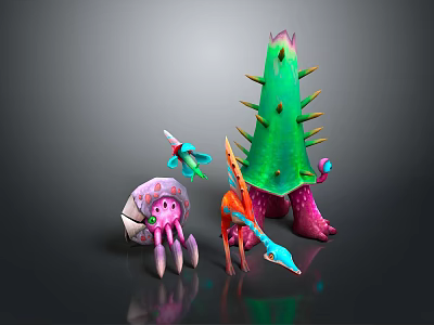 Colorful Aquatic Animals in 3D Render with Spiky Green Plant and Shell 3d model