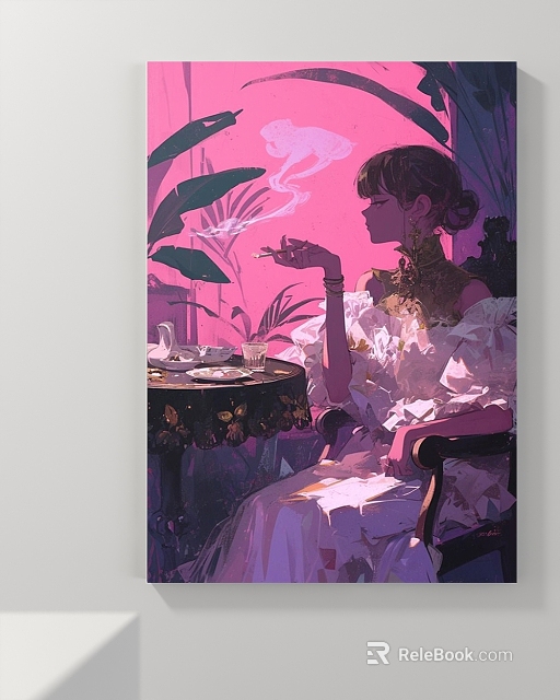 Elegant Female Portrait Painting Featuring Smoking Pipe and Tea Set against Pink Background with Plants 3d model 