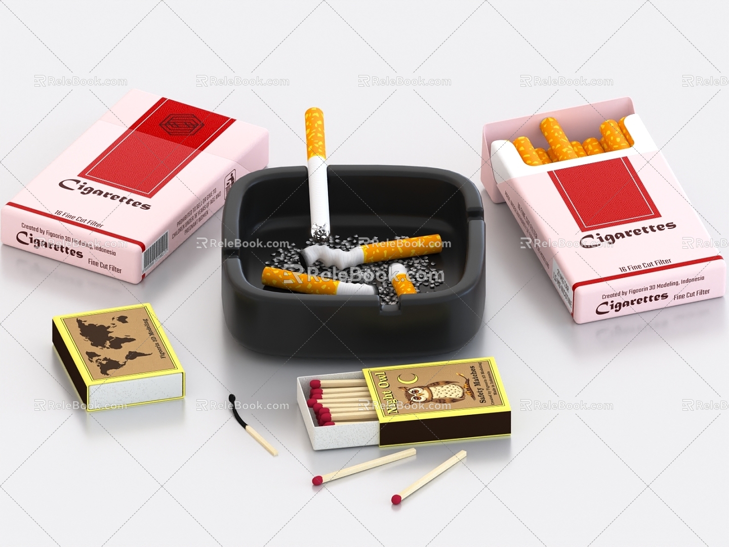 cigarette match ashtray 3d model