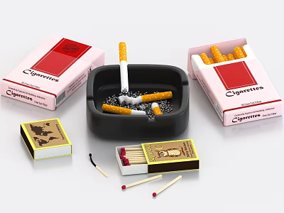 Black Ashtray With Cigarette Butts Two Cigarette Boxes And Matchboxes With Matches 3d model