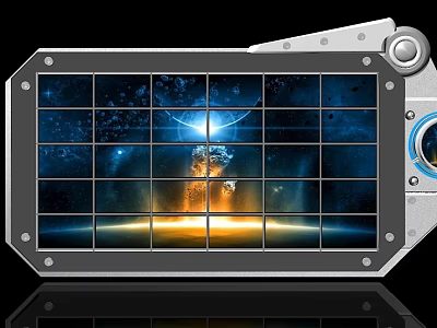 Metal Framed Mechanical Grid Screen Displaying Space Nebula Stars Orange Glow And Reflective Base 3d model