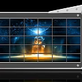Metal Framed Mechanical Grid Screen Displaying Space Nebula Stars Orange Glow And Reflective Base