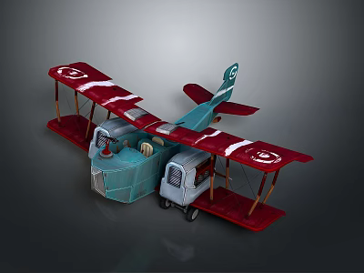 Vintage Aerospace Biplane Model with Turquoise Body Red Wings and White Logo 3d model
