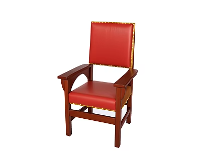 Classic Armchair with Red Leather Upholstery Wooden Frame and Gold Nailhead Trim 3d model