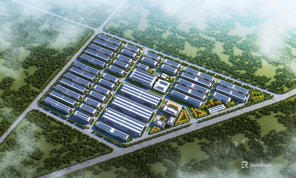 Industrial Factory Buildings in Large Industrial Park with Neat Arrangement Greenery and Road Networks 3d model 