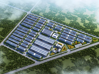Industrial Factory Buildings in Large Industrial Park with Neat Arrangement Greenery and Road Networks 3d model