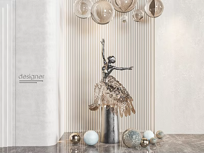 Dancing Female Metallic Sculpture With Striped Wall Pendant Lights And Decorative Balls 3d model