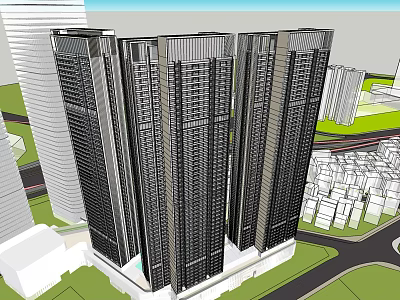 Modern Commercial Complex With Tall Glass Curtain Wall Buildings And Surrounding Greenery 3d model