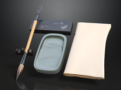 Traditional Chinese Calligraphy Set With Brush Inkstone Ink Stick And Rice Paper 3d model