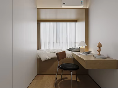 Minimalist Tatami Bedroom Interior With White Wardrobe Wooden Desk And Chair 3d model