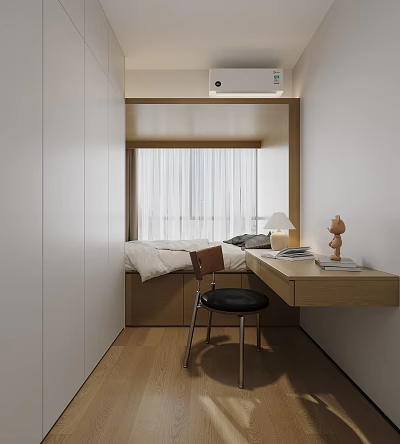 Minimalist Tatami Bedroom Interior With White Wardrobe Wooden Desk And Chair 3d model