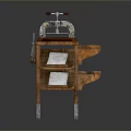 Vintage Wooden Apparatus With Multi Layer Shelves And Metal Top Device