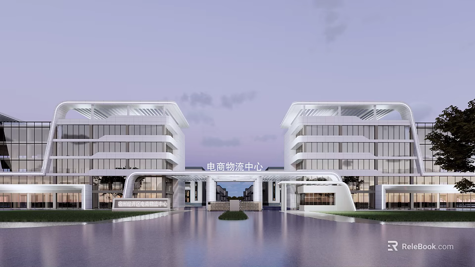 Modern Office Building For Telecom And Fire Center With Symmetrical Architecture And Reflective Waterfront 3d model 