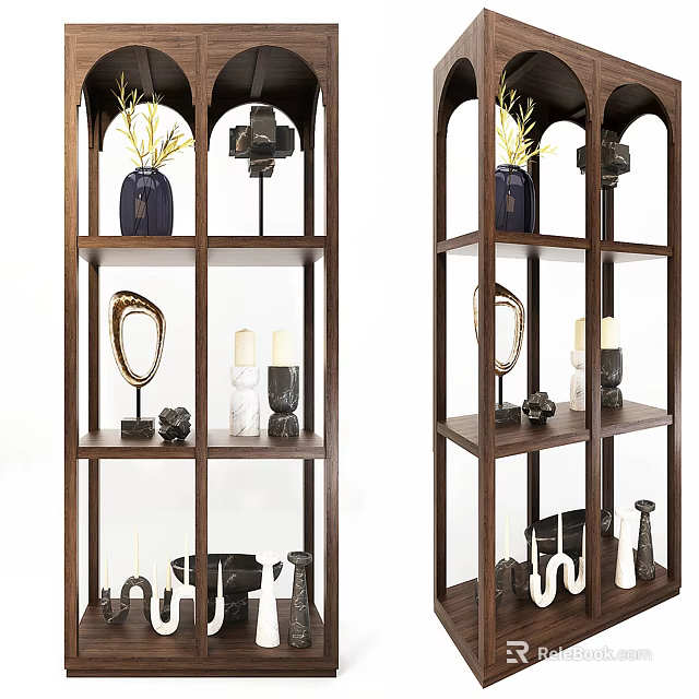 Wooden Shelving Unit With Multiple Shelves Displaying Vase Camera Model Mirror Candles And Sculptures 3d model 