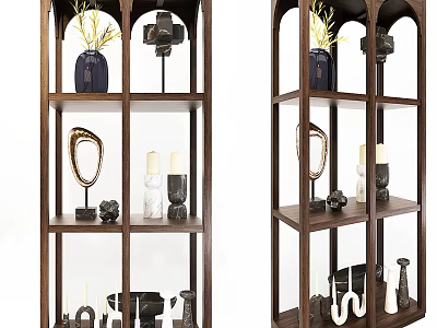 Wooden Shelving Unit With Multiple Shelves Displaying Vase Camera Model Mirror Candles And Sculptures 3d model