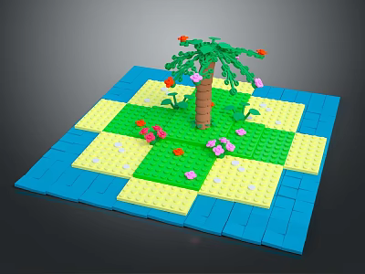 Building Blocks Scene With Palm Tree Colorful Flowers And Blue Yellow Green Tiles 3d model