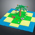 Building Blocks Scene With Palm Tree Colorful Flowers And Blue Yellow Green Tiles