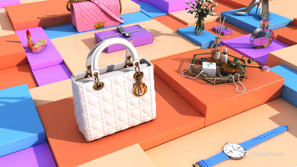 Elegant White Quilted Top Handle Handbag with Gold Hardware and Accessories on Colorful Platforms 3d model 