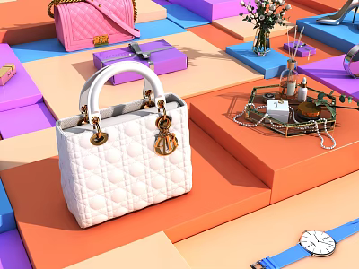 Elegant White Quilted Top Handle Handbag with Gold Hardware and Accessories on Colorful Platforms 3d model