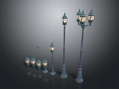 Vintage Outdoor Lighting Combinations With Various Heights Multiple Heads And Glass Shades 3d model