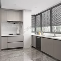 Modern Kitchen Interior With Gray Cabinets Black Refrigerator Marble Floor And Blinds 3d model