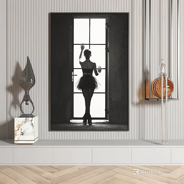 Figure Painting of Female Silhouette by Window with Sculpture on Marble Base and Decorative Shelf 3d model 