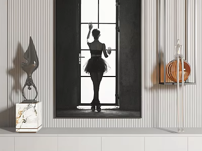 Figure Painting of Female Silhouette by Window with Sculpture on Marble Base and Decorative Shelf 3d model