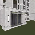 Modern Building Entrance Facade With Stone Wall Glass Doors And Windows