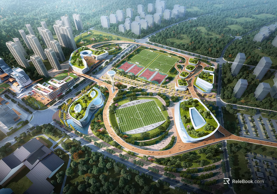 Modern Campus Buildings With Green Roofs Sports Fields And Lush Greenery 3d model 