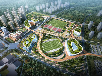 Modern Campus Buildings With Green Roofs Sports Fields And Lush Greenery 3d model