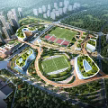 Modern Campus Buildings With Green Roofs Sports Fields And Lush Greenery