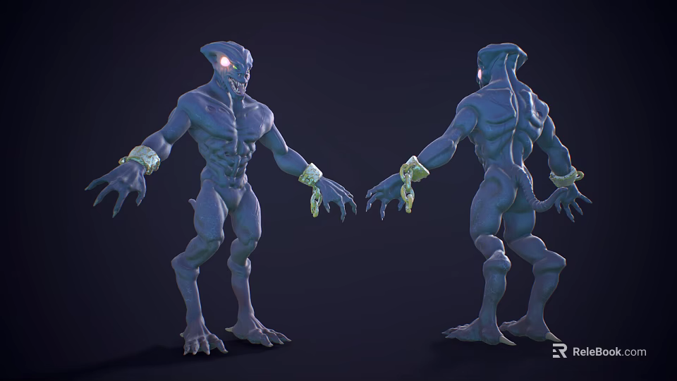 Blue Creature 3D Model Featuring Glowing Eyes Arm Ornaments Muscular Build Front And Back Views 3d model 