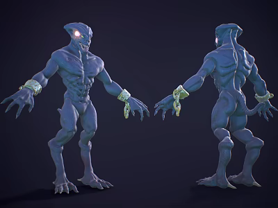 Blue Creature 3D Model Featuring Glowing Eyes Arm Ornaments Muscular Build Front And Back Views 3d model