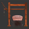 Cartoon Scene Of Orange Wooden Guillotine With Frame Inclined Platform And Hanging Metal Part