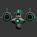 Futuristic Sci Fi Hover Vehicle With Silver Body Four Green Glowing Thrusters And Geometric Patterns