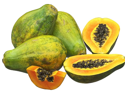 Fresh Juicy Ripe Papaya Whole And Sliced With Black Seeds 3d model