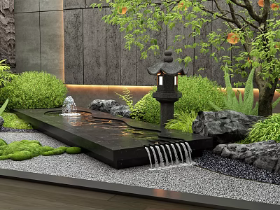 Japanese Zen Garden With Stone Lantern Water Stream And Lush Green Plants 3d model