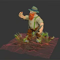 3D Game Character With Red Beard Straw Hat Glasses Holding Red Object Tool In Green Grass