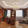 Classic Office Interior Featuring Wooden Paneling Chandelier Sofa Desk And Rug