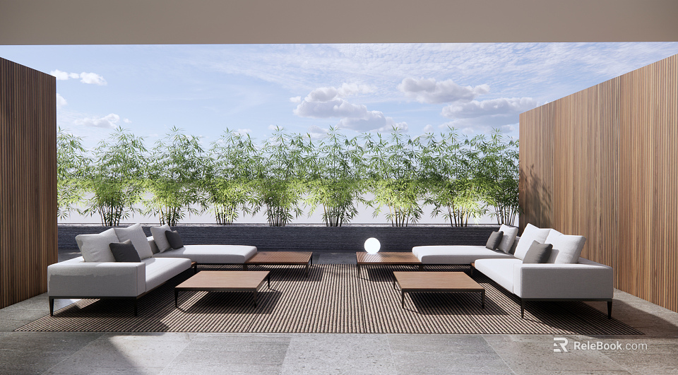 Modern Outdoor Sofa With Natural Bamboo Backdrop Wooden Accents Coffee Tables Relaxation Area 3d model 
