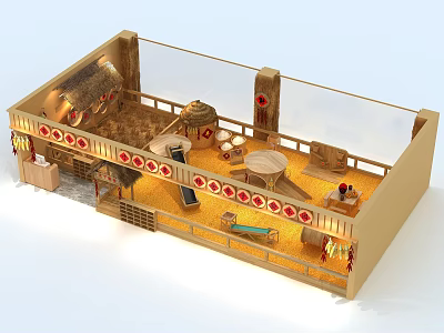 Traditional Kids Playground with Thatched Roofs Red Decorations Yellow Floor and Play Equipment 3d model