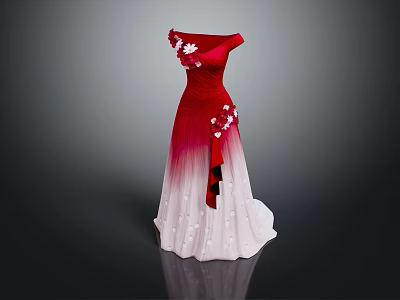 Elegant One Shoulder Red to White Gradient Dress with Delicate Flower Decorations for Formal Occasions 3d model