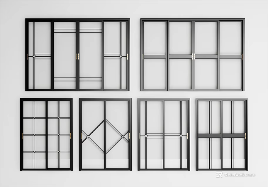 Sliding Doors With Various Designs Black Frames Glass Panels And Grid Line Patterns 3d model