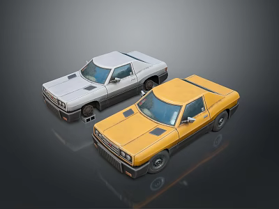 Stylish Vintage White and Yellow Classic Cars on Shiny Reflective Surface 3d model