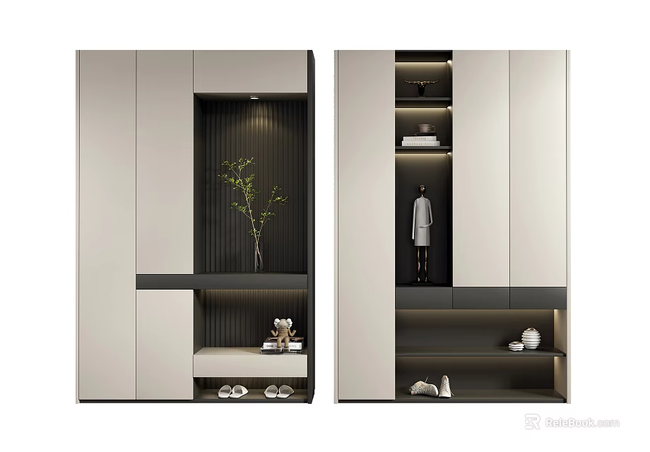 Modern Shoe Cabinet Design With Light Dark Color Open Shelves For Shoes Coats And Decor 3d model 