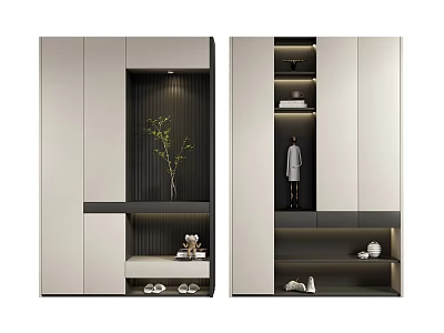 Modern Shoe Cabinet Design With Light Dark Color Open Shelves For Shoes Coats And Decor 3d model