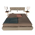 Double Bed with Upholstered Headboard Bedside Tables White Table Lamps and Brown Green Bedding